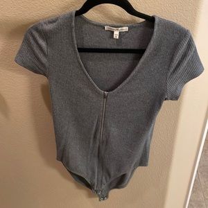 Ribbed Gray Zipper Front Body Suit